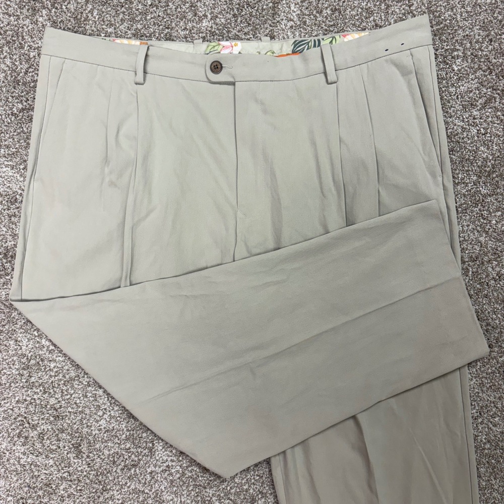 Tommy Bahama Mens 44x30 Silk Blend Pleated Dress Pants Relaxed Fit Tan Khaki